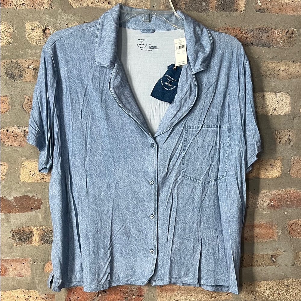 American Eagle Outfitters x Aerie Light Blue Short-Sleeve Denim Print Pajama Top